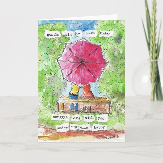 Tarjeta Paraguas rojos, Haiku, arte popular impreso, lindo (Anverso)