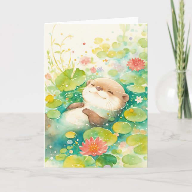 Tarjeta Paraíso de la Nutria Entre Flores de Loto (Anverso)