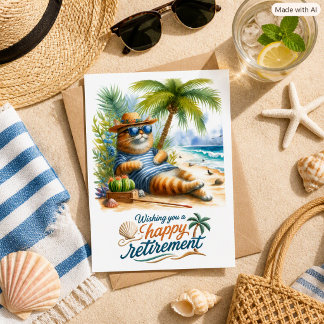 Tarjeta Paraiso de la playa de jubilación feliz del gato t