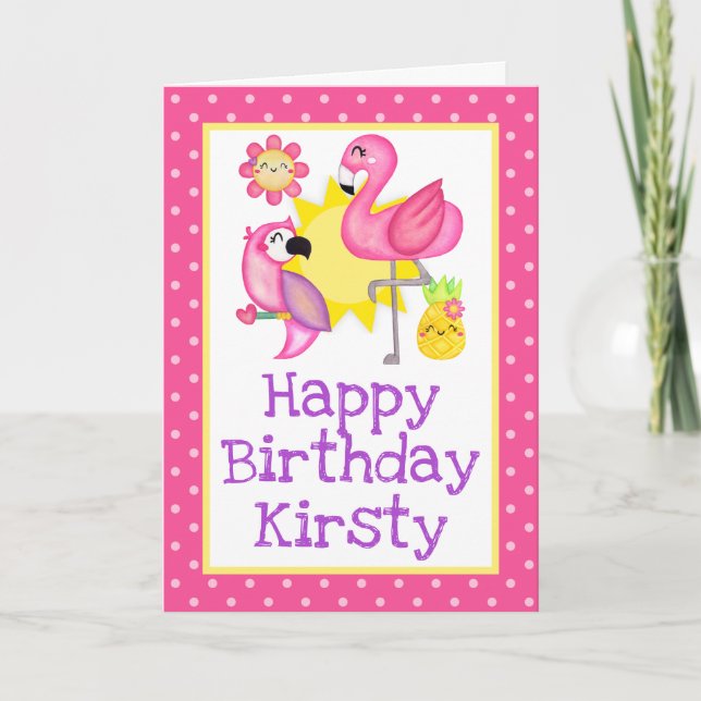 Tarjeta Paraiso de Verano Cumpleaños Flamingo Loro (Anverso)