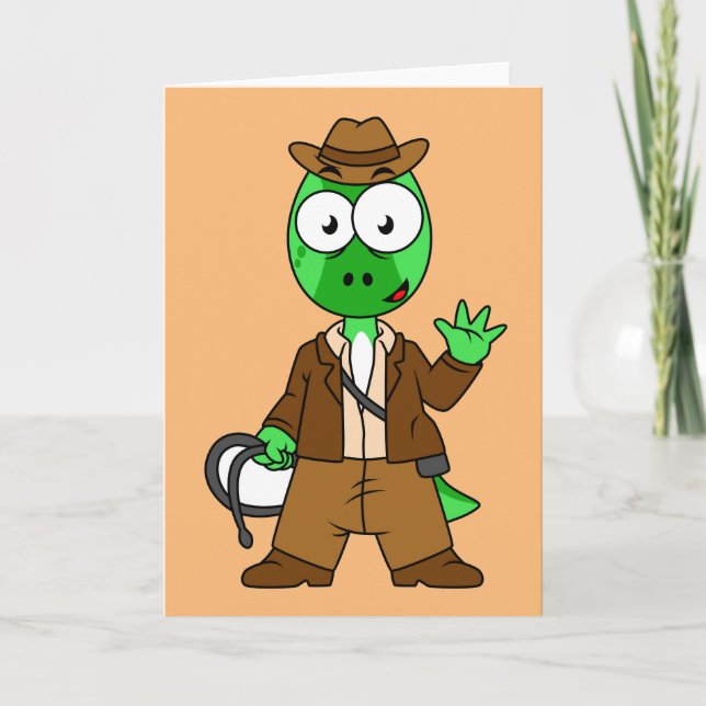 Tarjeta Parasaurolophus Vestido Como Indiana Jones. (Anverso)