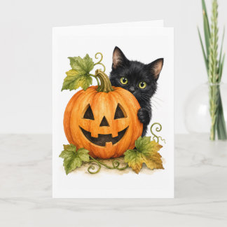 Tarjeta Parche de Calabaza Peekaboo Gato Negro Acuarela en