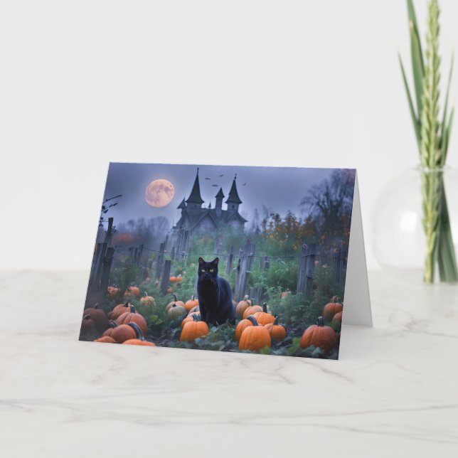 Tarjeta Parche de Calabazas Gato Negro de Halloween  (Anverso)