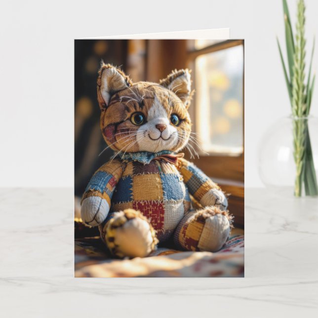 Tarjeta Parche de cumpleaños Quilt Cat en la ventana (Anverso)