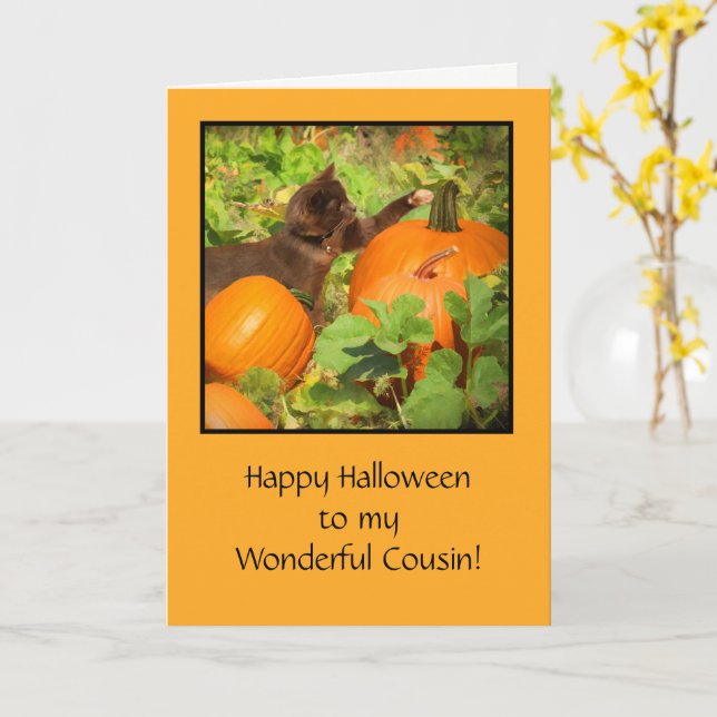 Tarjeta Parche de Primo de Halloween con gatito de calabaz (flor amarilla)