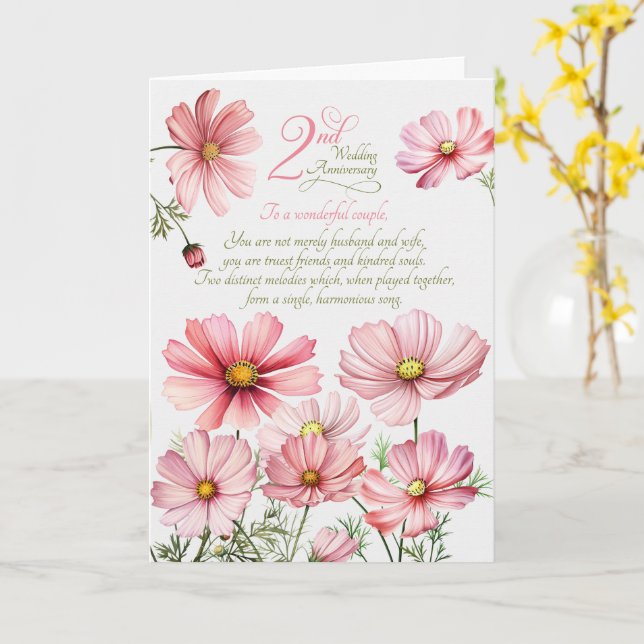 Tarjeta Pareja 2do Aniversario Sentimental Cosmos Rosa (flor amarilla)