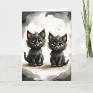 Tarjeta Pareja adorable de retrato de Kitties negros en bl