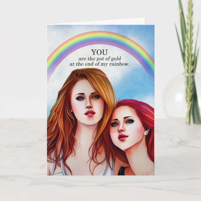 Tarjeta Pareja Anny Lesbian Pot of Gold Rainbow (Anverso)