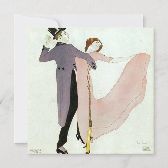 Tarjeta Pareja bailarina de Art Deco de época por Leo Raut (Anverso)