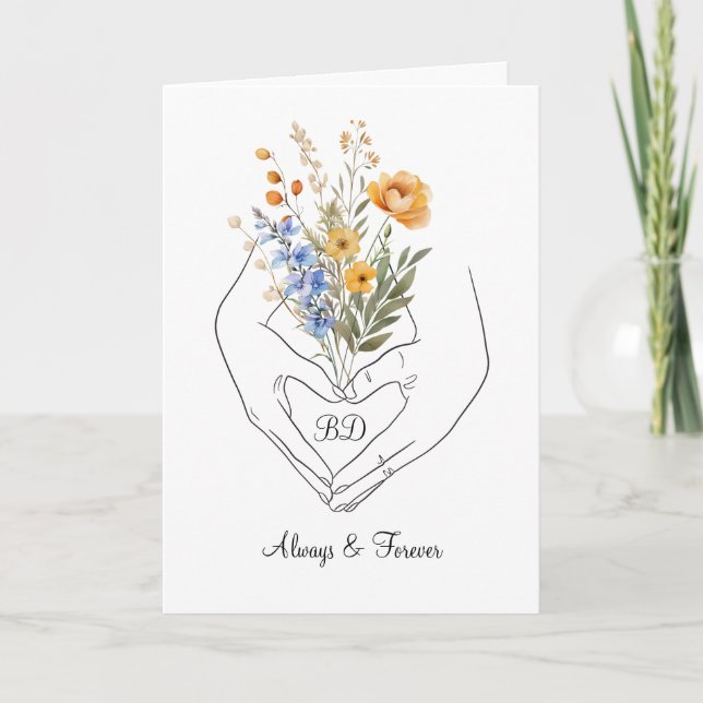 Tarjeta Pareja Corazón Manos Línea Floral Arte (Anverso)