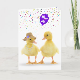 Tarjeta Pareja Cute Duck con globo de cumpleaños número 27