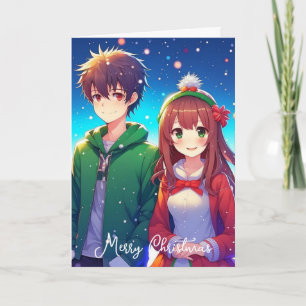 Tarjeta Pareja de Anime Adorable   Feliz Navidad de Nuestr