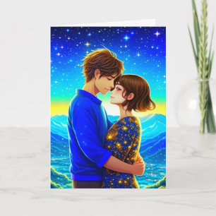 Tarjeta Pareja de Anime, Montañas y Estrellas Día de San V
