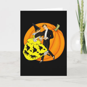 Tarjeta Pareja de baile de Halloween con calabaza vintage