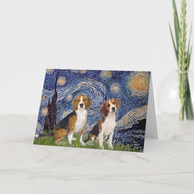 Tarjeta Pareja de Beagles - Noche Estrellada (Anverso)