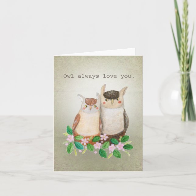 Tarjeta Pareja de búho de Woodland Animal Pun Funny Love (Anverso)
