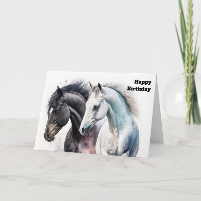 Tarjeta Pareja de caballos blancos y negros en cumpleaños  (Anverso)