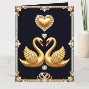 Tarjeta Pareja de cisnes clásicos de boda con anillos entr