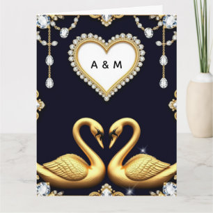 Tarjeta Pareja de cisnes de boda con anillos de oro