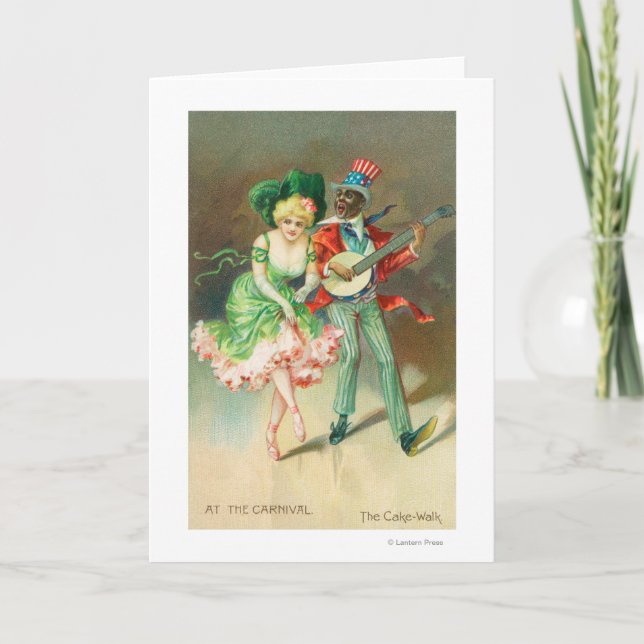 Tarjeta Pareja de disfraces haciendo la caminata de torta (Anverso)