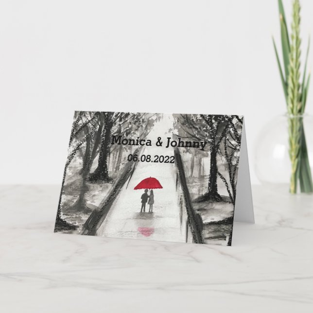 Tarjeta Pareja de enamorados con paraguas rojo Regalo de b (Anverso)