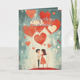 Tarjeta Pareja de enamorados y corazones globos de San Val