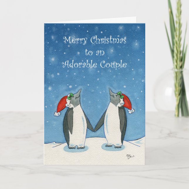 Tarjeta Pareja de lesbianas Navidades cuelgan pingüinos co (Anverso)