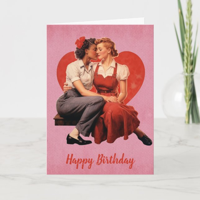 Tarjeta Pareja de Lesbianas Vintage Happy Birday (Anverso)