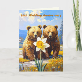 Tarjeta Pareja de oso rústico Daffodil 10 Boda Anniv.