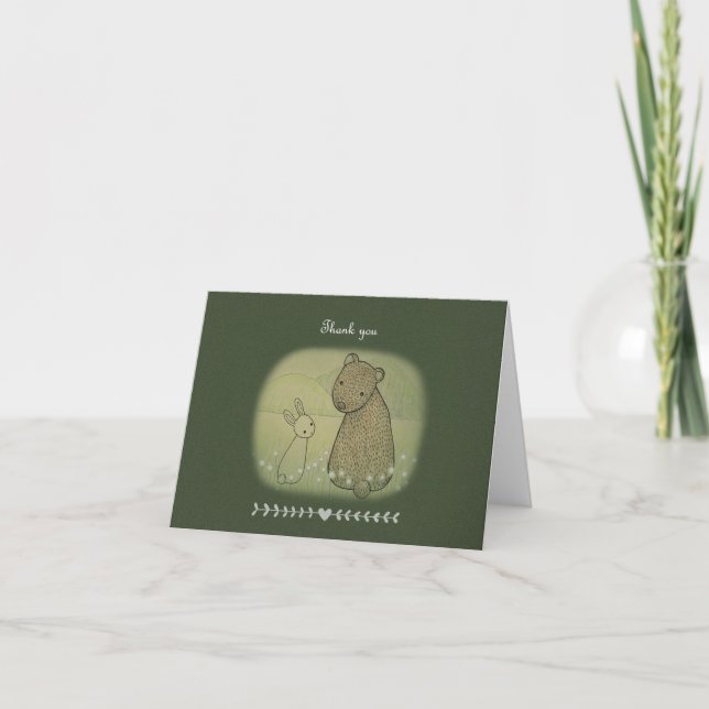 Tarjeta Pareja de oso y conejito sentada juntos Gracias (Anverso)