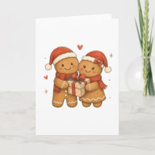 Tarjeta Pareja de pan de jengibre con regalo y sombreros d