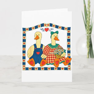 Tarjeta Pareja de patos de arte popular con flores granja