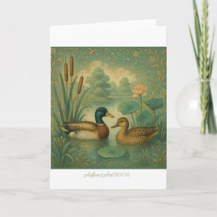 Tarjeta Pareja de patos reales vintage en estanque ornamen