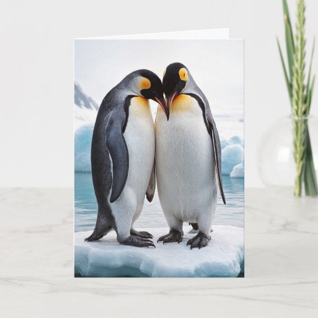 Tarjeta Pareja De Pingüino De Aniversario En Un Iceberg (Anverso)