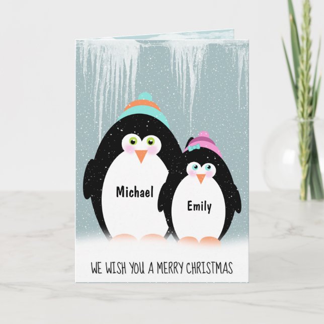 Tarjeta Pareja de pingüino navidad en copos de nieve (Anverso)
