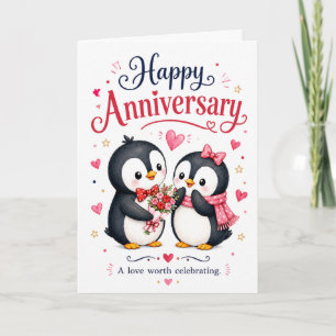 Tarjeta Pareja de Pingüinos Adorables Feliz Aniversario