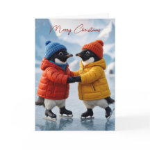 Pareja de pingüinos de Navidad patinando sobre hie