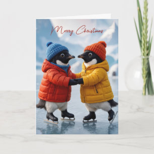 Tarjeta Pareja de pingüinos de Navidad patinando sobre hie