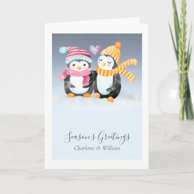 Tarjeta Pareja de pingüinos lindos con sombreros sentados  (Anverso)