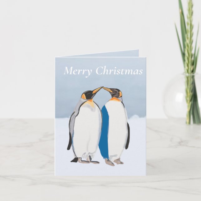 Tarjeta Pareja de pingüinos rey besándose en Navidad edita (Anverso)