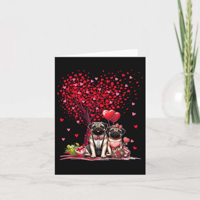 Tarjeta Pareja de Pug Cotume Día de San Valentín Árbol Cor (Anverso)