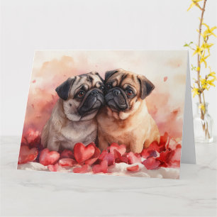 Tarjeta Pareja de Pugs Románticos Amor Sentimental Acuarel