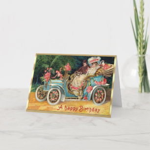 Tarjeta Pareja de rosas victorianas en cumpleaños de auto
