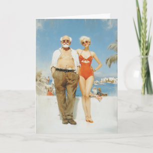 Tarjeta Pareja de Verano en la Playa Vintage Contraste