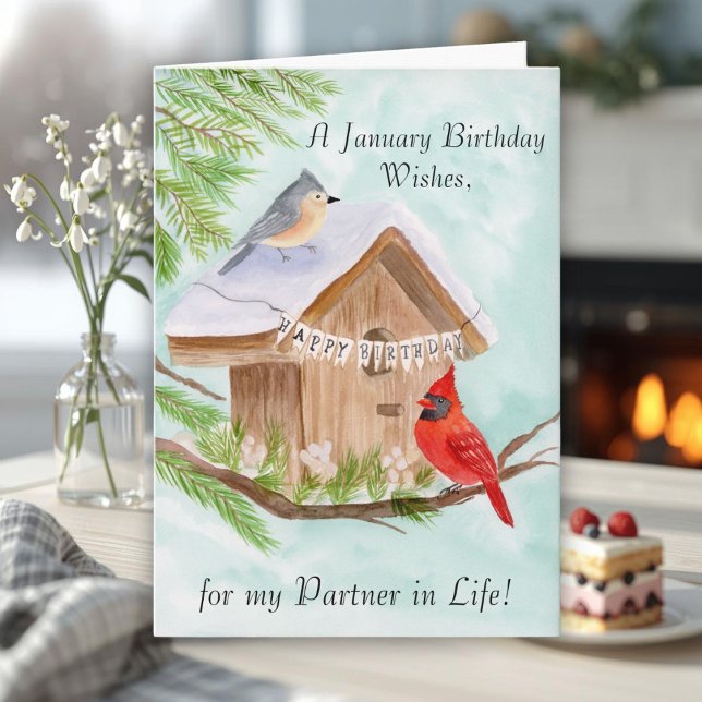 Tarjeta Pareja de vida Feliz Cumpleaños Enero Pájaros (Subido por el creador)