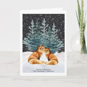 Tarjeta Pareja de zorros de Navidad con árbol y nieve acua