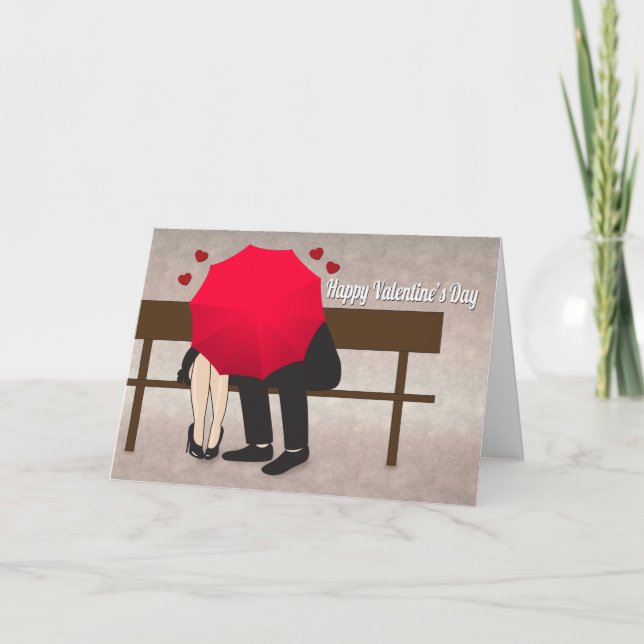 Tarjeta Pareja detrás de un paraguas rojo para San Valentí (Anverso)