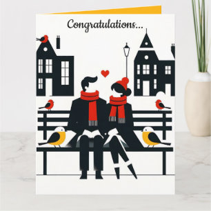 Tarjeta Pareja editable en un banco con pájaros Felicidade