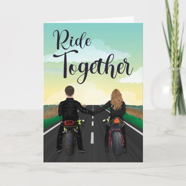 Tarjeta Pareja en motocicletas por feliz aniversario (Anverso)