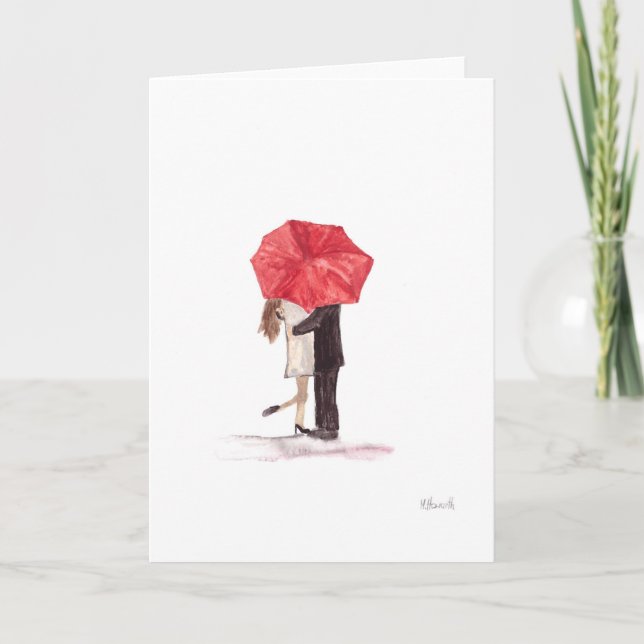 Tarjeta Pareja enamorada bajo paraguas rojos romántico rús (Anverso)